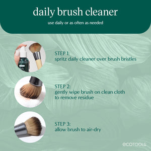 Brush cleaner use steps shown with bottle and three circular views of cleaned bristles.