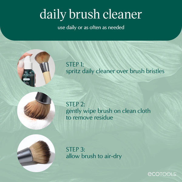 Brush cleaner use steps shown with bottle and three circular views of cleaned bristles.
