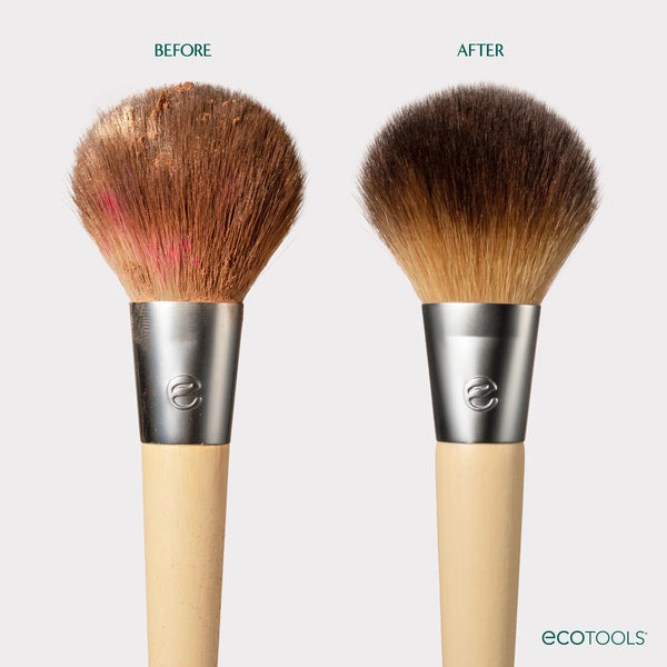 Makeup brush bristles shown before and after cleaning, side-by-side with metal ferrule.
