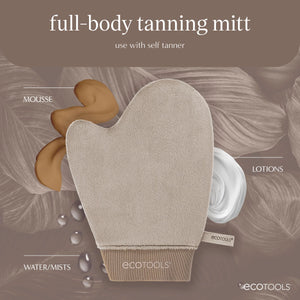Tanning mitt with plush beige fabric and ecotools label