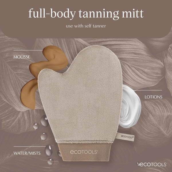 Tanning mitt with plush beige fabric and ecotools label