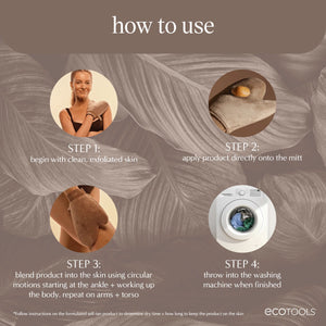 How-to-use steps graphic for a tanning mitt with four instruction panels