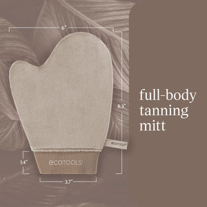 Beige tanning mitt with thumb opening, shown with size markings