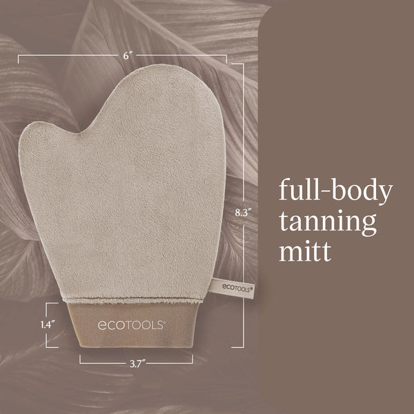 Beige tanning mitt with thumb opening, shown with size markings