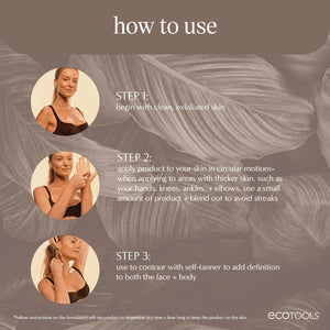 How to use self-tan blending brush graphic showing a woman applying on face and body