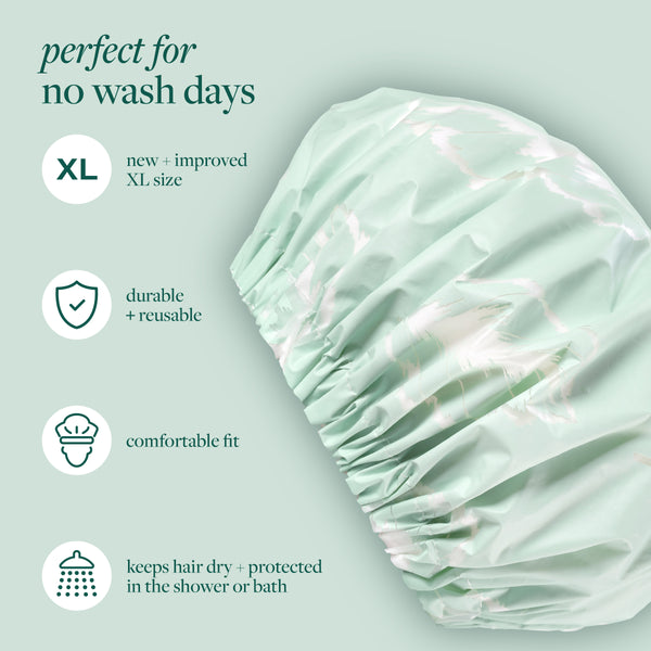 Mint XL shower cap shown with feature icons on packaging