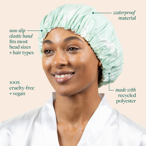Mint shower cap on model with labeled waterproof and non-slip elastic