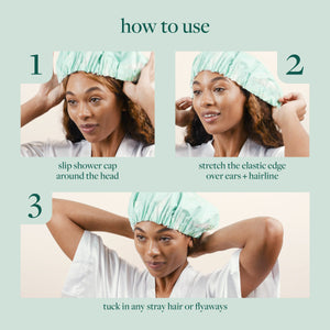 Mint shower cap how-to graphic showing elastic placement on hair