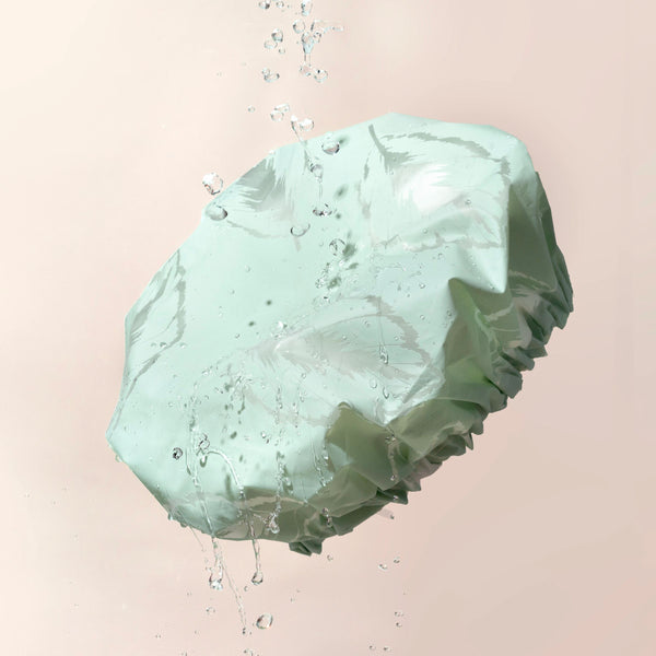 Mint waterproof shower cap with gathered elastic rim and sheen