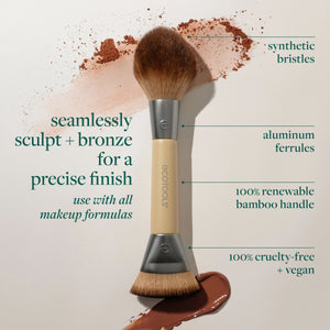 Dual-ended brush graphic with bronze bristles, aluminum ferrules, and bamboo handle