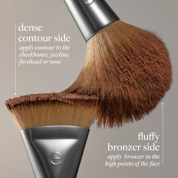 Dual-ended makeup brush with dense contour and fluffy bronzer brown bristles
