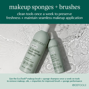 EcoTools makeup brush and sponge shampoo bottles with green and white label