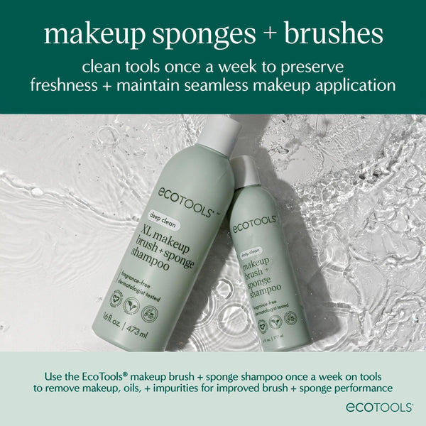 EcoTools makeup brush and sponge shampoo bottles with green and white label