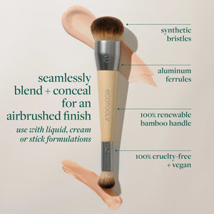 Dual-ended makeup brush with synthetic bristles and bamboo handle graphic