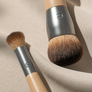 Dual-ended makeup brush with soft brown bristles and silver handles