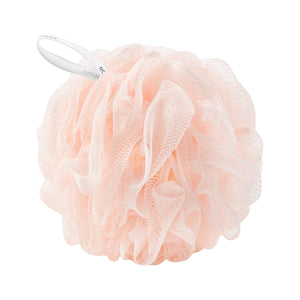 EcoPouf® bath sponge loofah, pale pink ruffled mesh with white handle loop