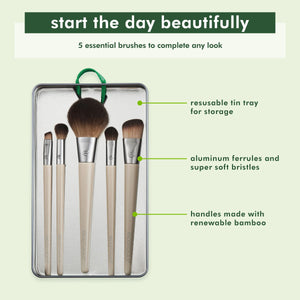Makeup brush kit with five brushes in gray tin tray, reusable storage and bamboo handles