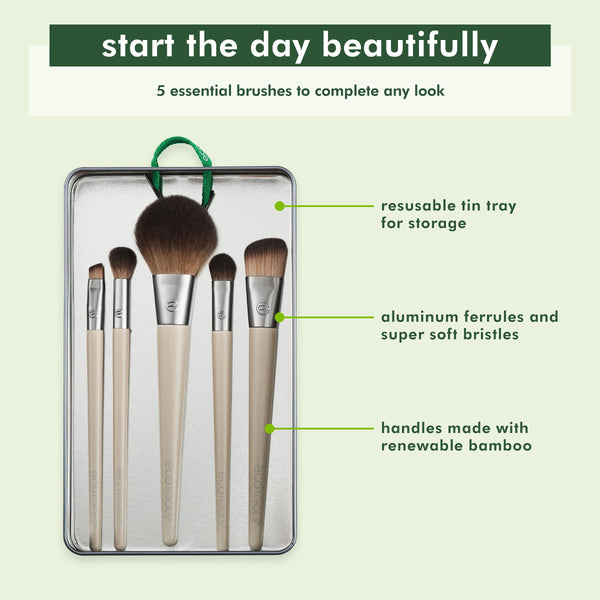 Makeup brush kit with five brushes in gray tin tray, reusable storage and bamboo handles