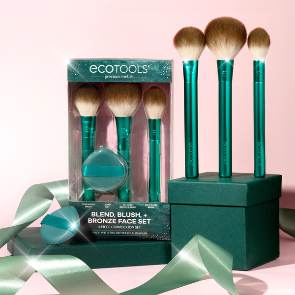 Ecotools face set in box with four brushes, teal puff, and teal compact