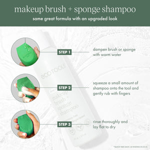 Makeup brush and sponge shampoo use steps, green brush and sponge icons