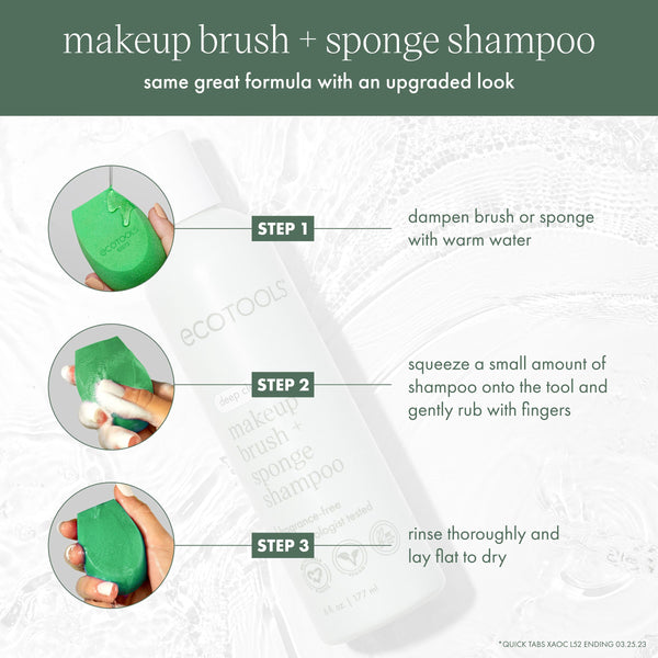 Makeup brush and sponge shampoo use steps, green brush and sponge icons