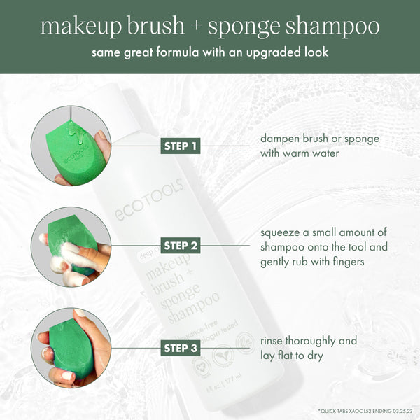 Makeup brush and sponge shampoo bottle with green sponge cleaning steps