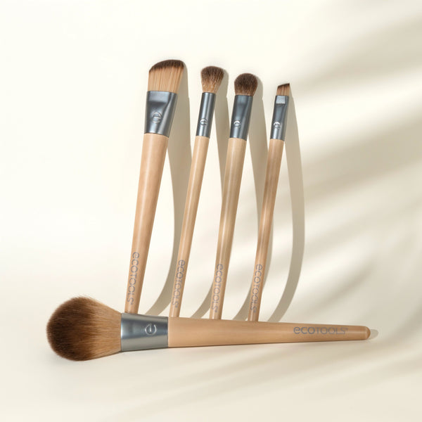 Fresh face makeup brush set with five brushes, beige handles and silver ferrules