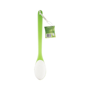Green bath brush with hanging tag and white oval scrubbing pad head
