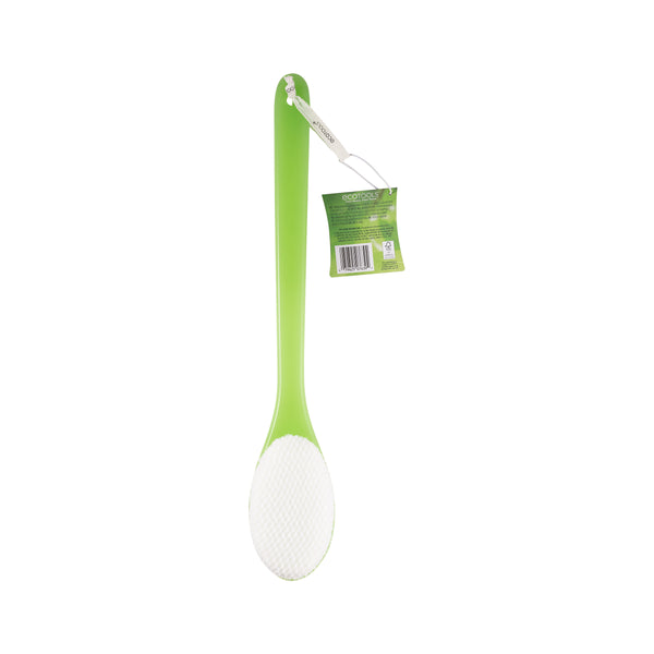 Green bath brush with hanging tag and white oval scrubbing pad head