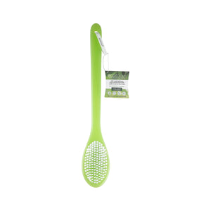 Green bath brush with white bristle-textured head and hanging product tag
