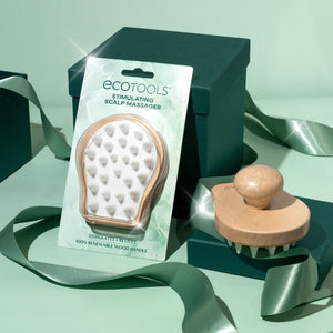 Ecotools scalp massager set: packaged brush with wood handle and white massage spikes