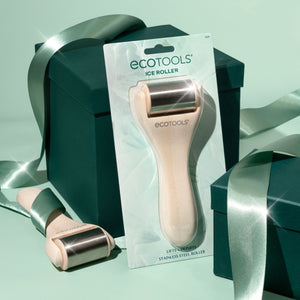 Ecotools ice roller with stainless steel cylinder on light wood handle