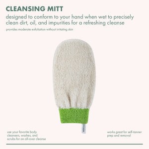Bath shower mitt in cream texture with green wrist cuff