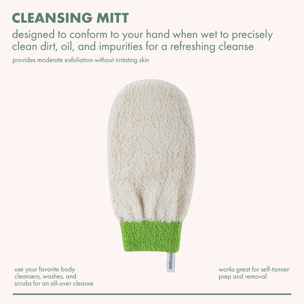 Bath shower mitt in cream texture with green wrist cuff