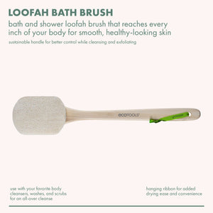 Wood-handled loofah bath brush with round scrub head and hanging ribbon loop