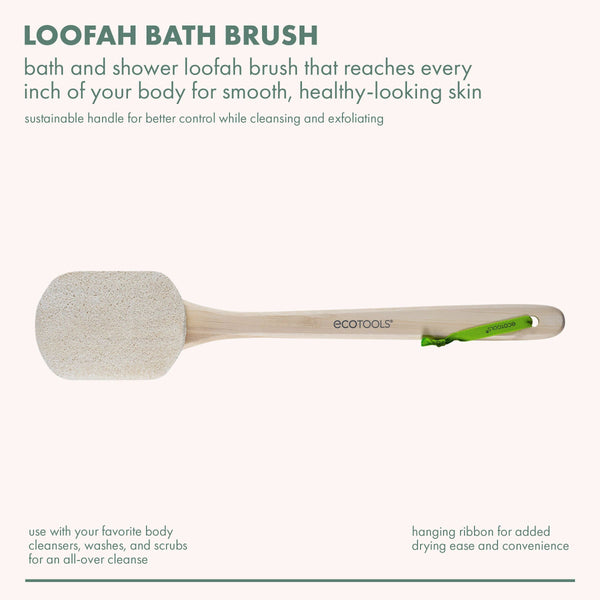 Wood-handled loofah bath brush with round scrub head and hanging ribbon loop
