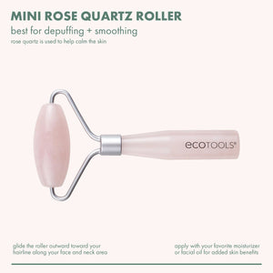 Mini rose quartz facial roller with pink stone head and light pink handle, ecotools logo.