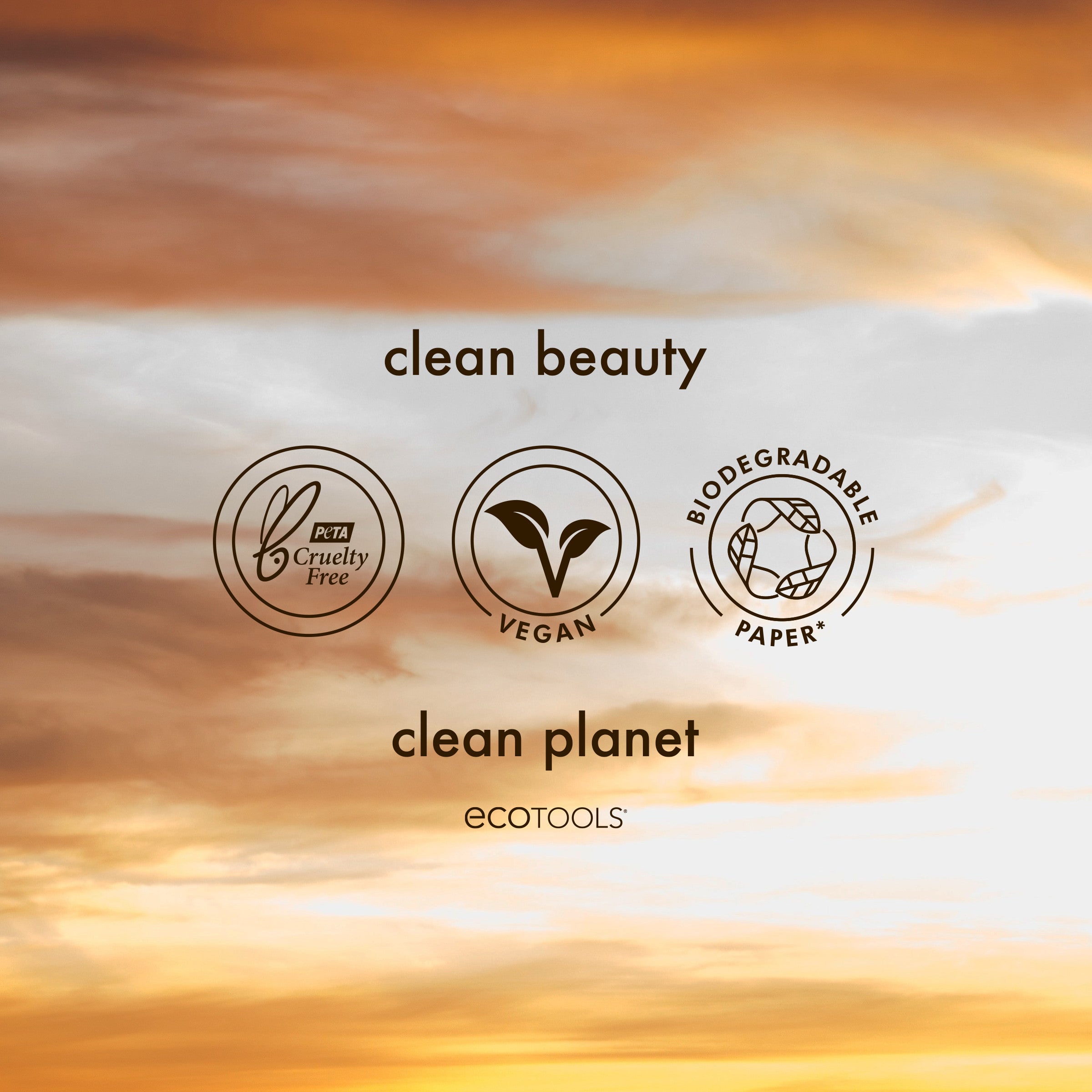 Clean beauty and clean planet labels on a warm beige background with circular cruelty free and vegan badges