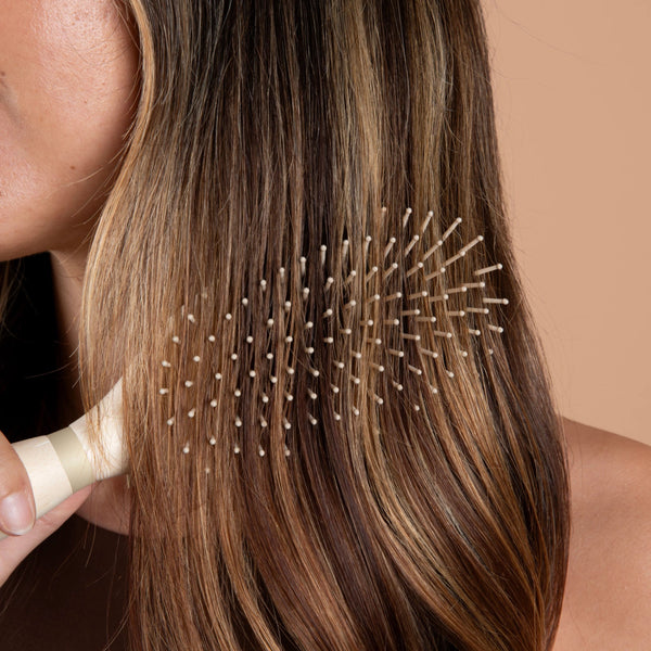 Hair detangling brush brushing long brown hair with pin bristles