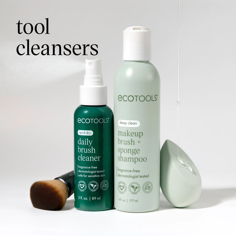 Skincare bottles and pump on white background with text tool cleaners, makeup brush and sponge shampoo