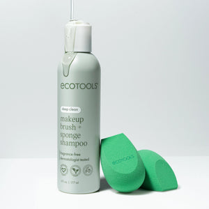 ECOTOOLS makeup brush and sponge shampoo with green sponge, mint-green bottle