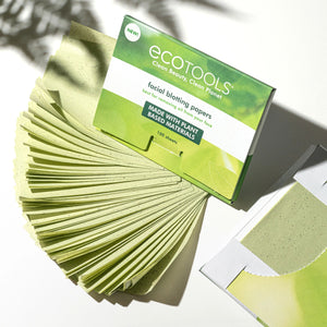 Facial blotting papers set with fanned pale green sheets and product box