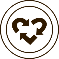 Heart shaped recycling symbol with arrows in dark brown on a white background