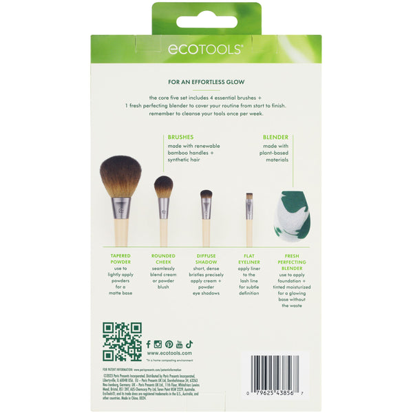 EcoTools core five brush set back of package showing included brushes and blender