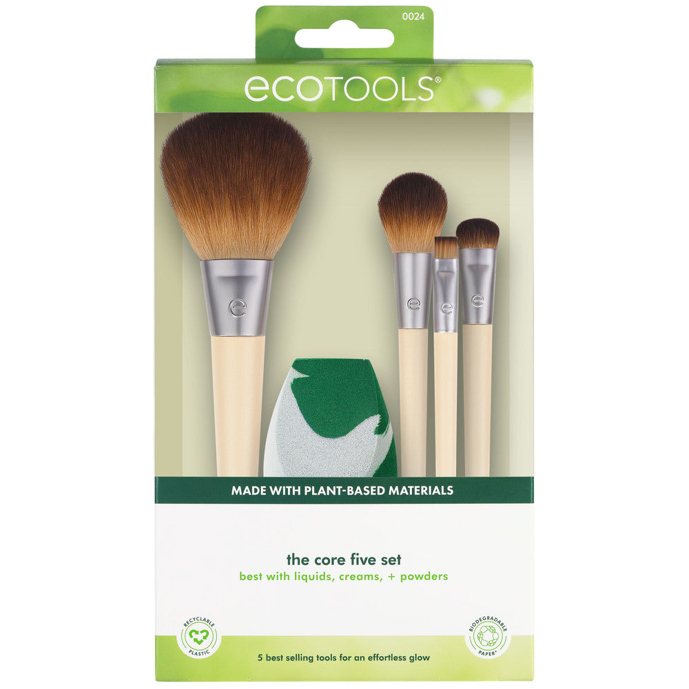 EcoTools makeup brush set with five brushes and green blending sponge, bamboo handles