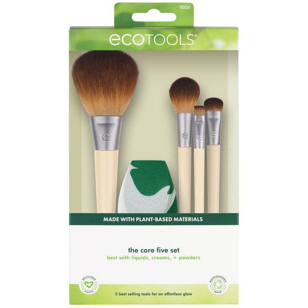 EcoTools makeup brush set with green-and-cream blending sponge, 5 pieces