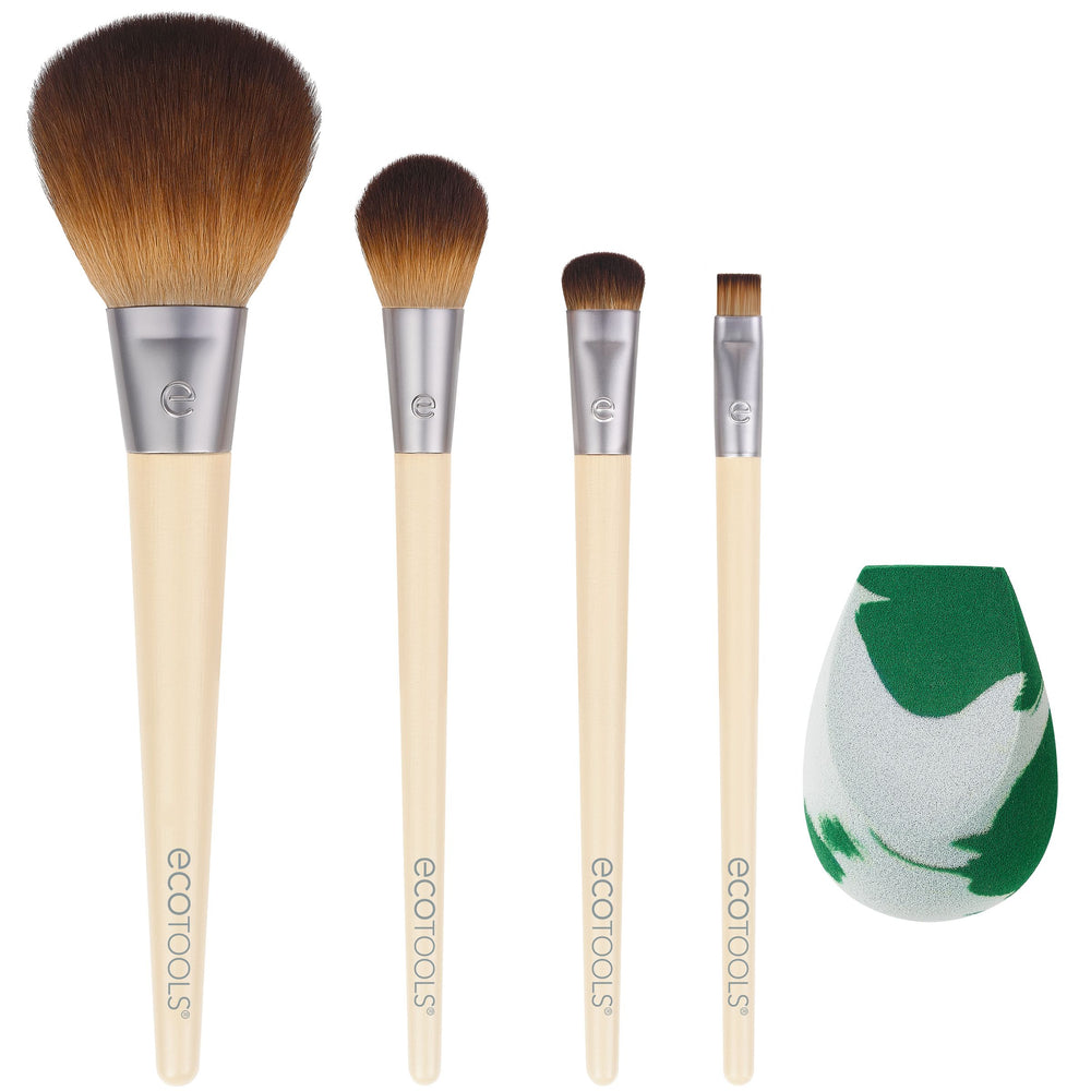 EcoTools makeup brush set with five brushes and green blending sponge, bamboo handles