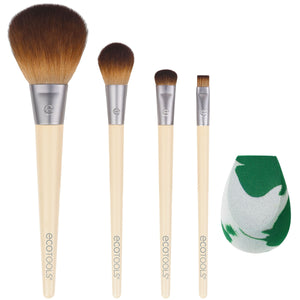 EcoTools makeup brush set with five brushes and green blending sponge, bamboo handles