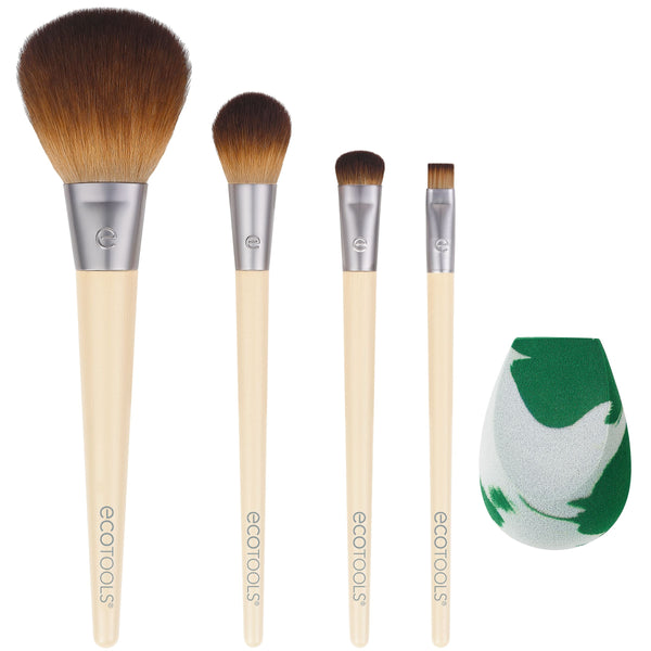 EcoTools makeup brush set with five brushes and green blending sponge, bamboo handles