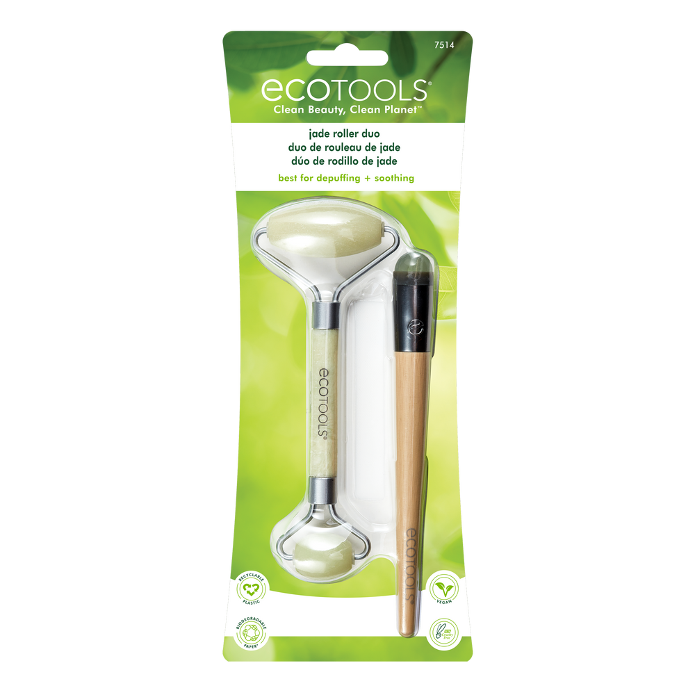 Jade facial roller and eye roller duo, light wood handle with silver metal and green stones